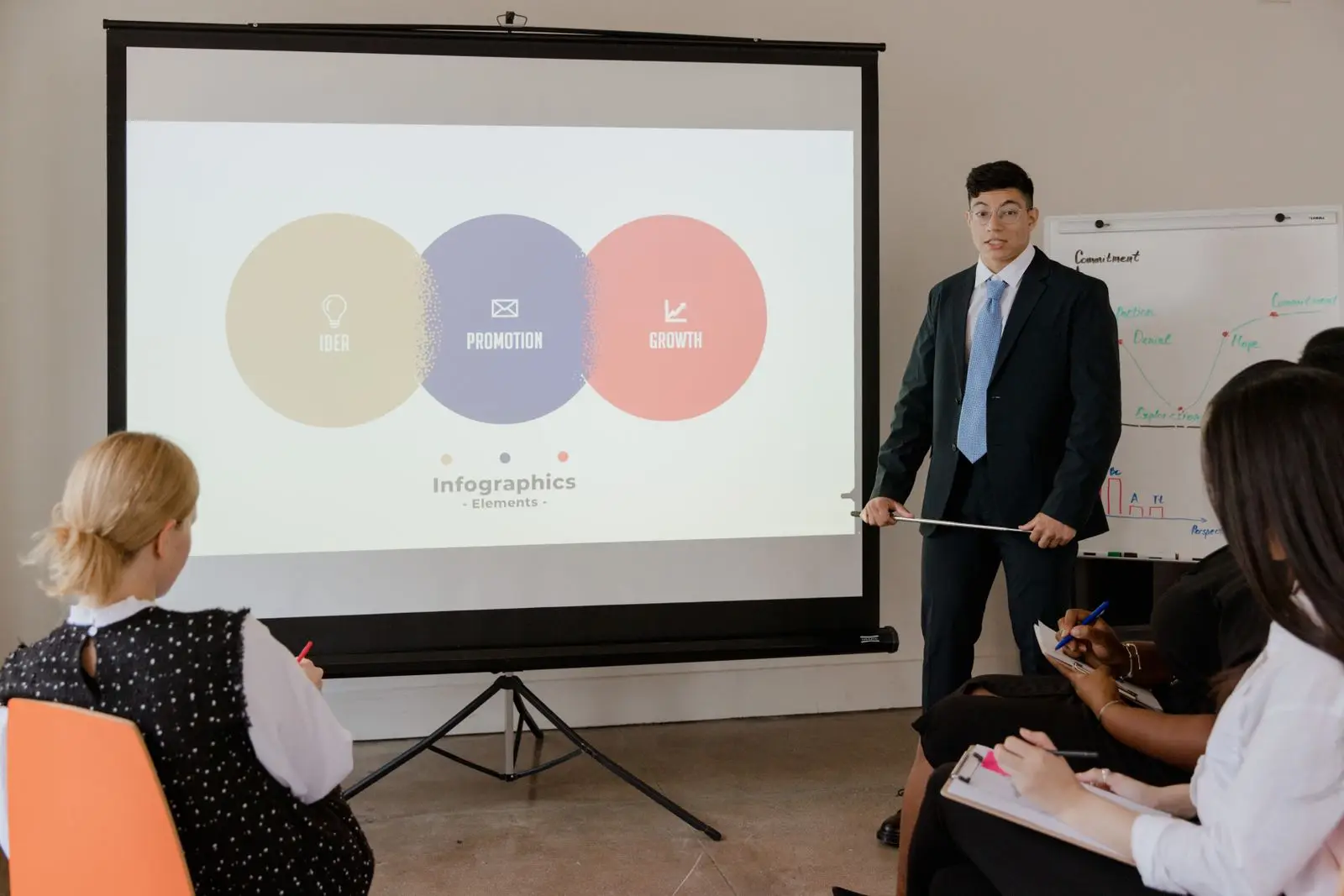 A professional presenting in front of a projector screen